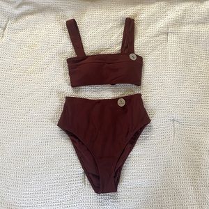 burgundy bathing suit